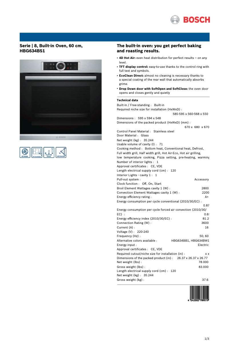 Page 1 de la notice Fiche technique Bosch HBG634BS1