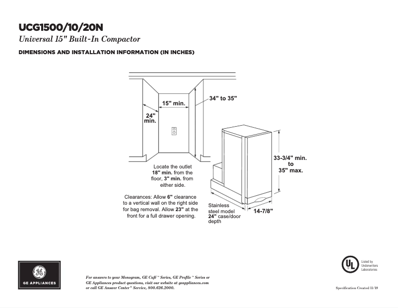 Page 1 of the manual Technical Sheet GE UCG1500NWW