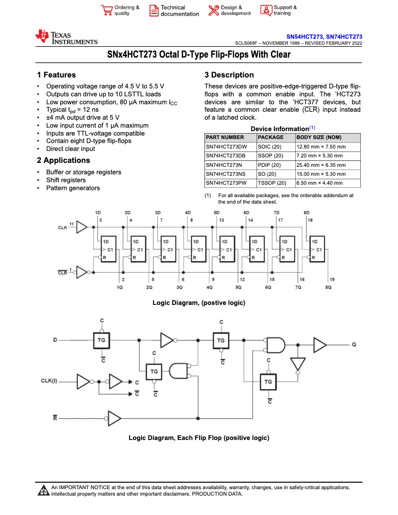 Page 1 de la notice Manuel utilisateur Texas Instruments SN74HCT273N
