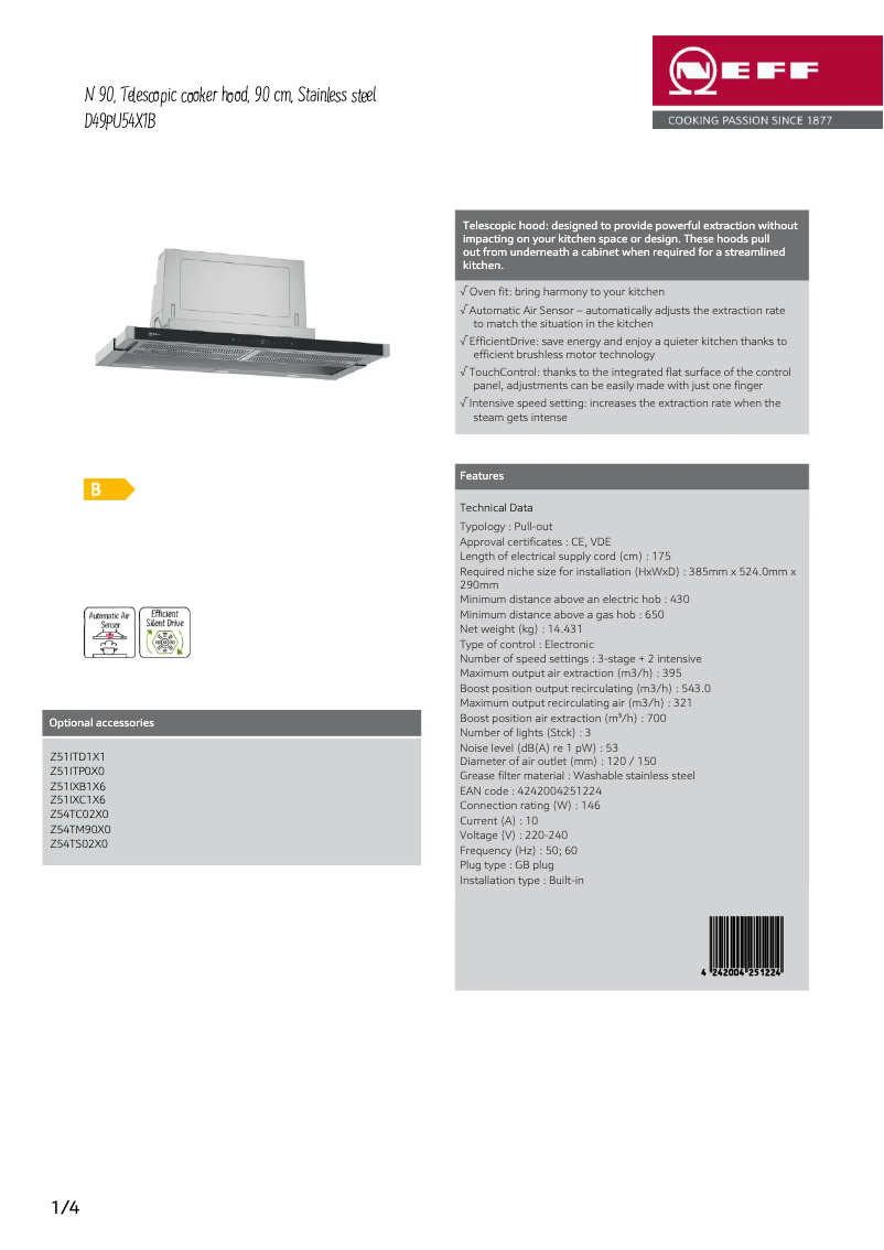 Page 1 de la notice Fiche technique Neff D49PU54X1B
