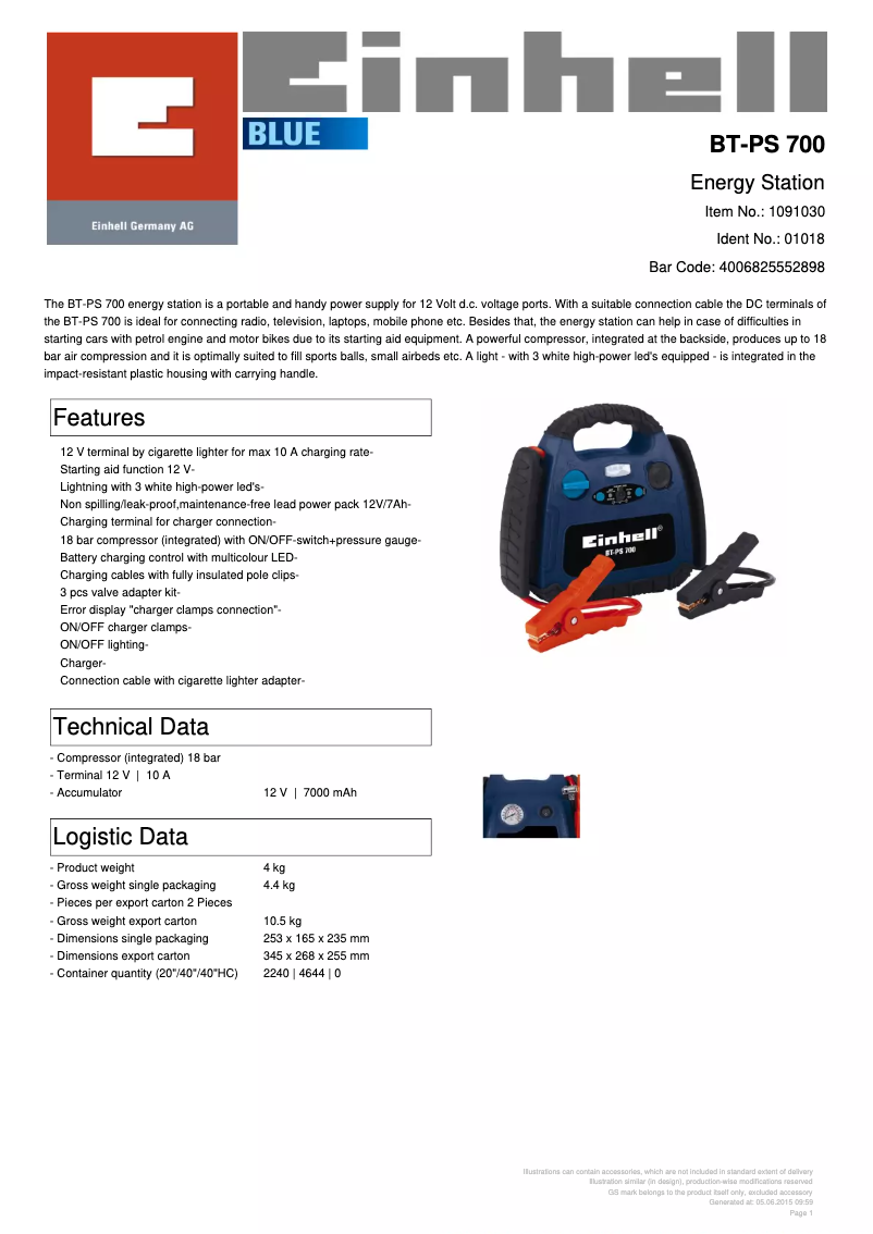 Page 1 de la notice Manuel utilisateur Einhell BT-PS 700