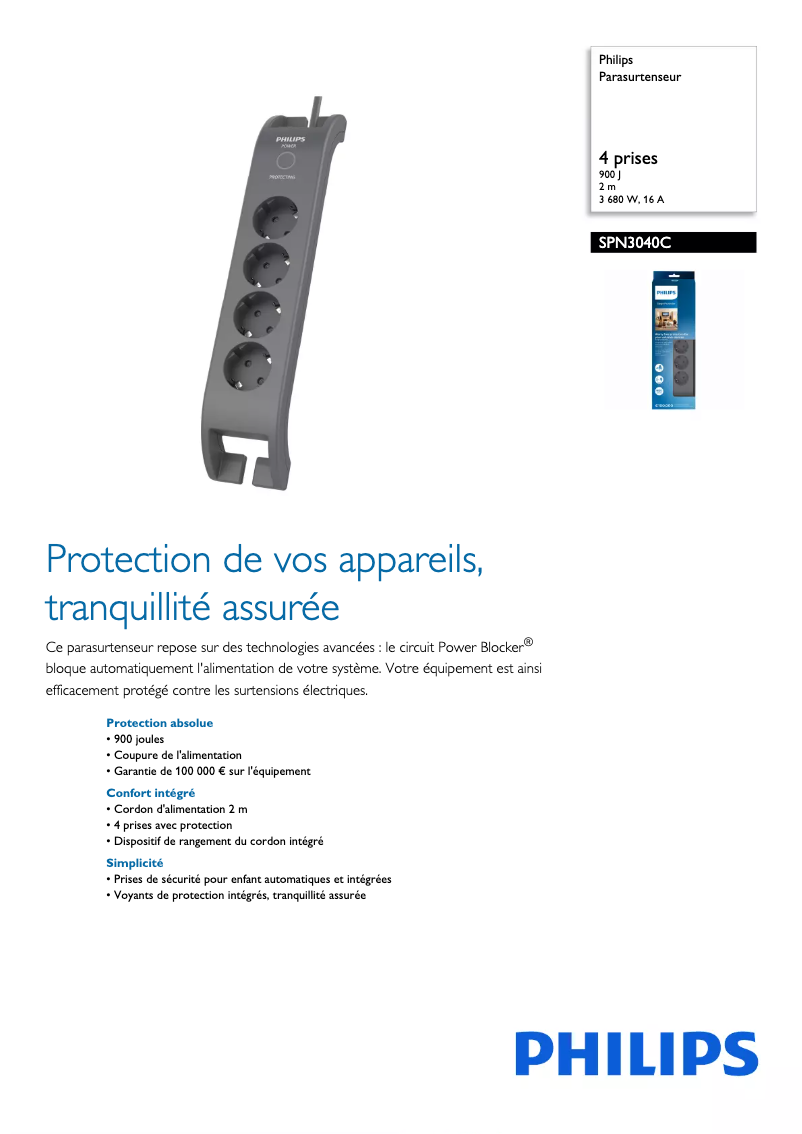 Page 1 de la notice Fiche technique Philips SPN3040