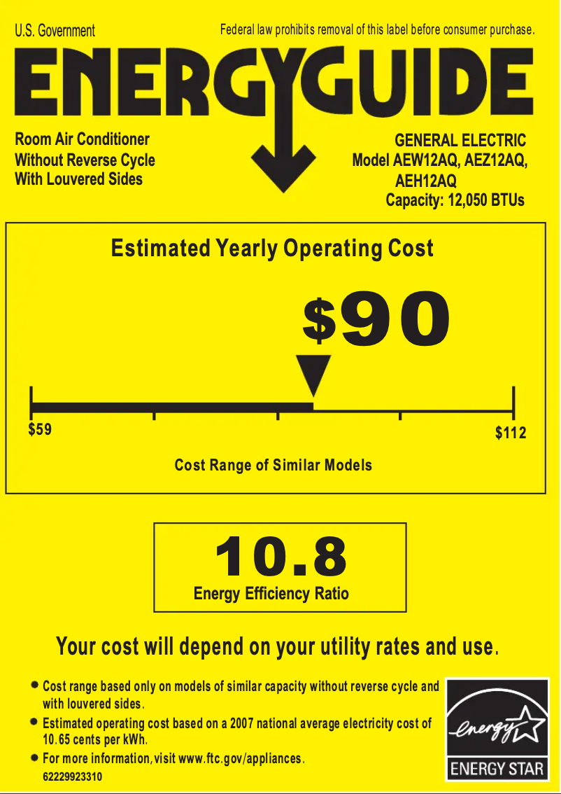 Page 1 de la notice Label énergétique GE AEH12AQ