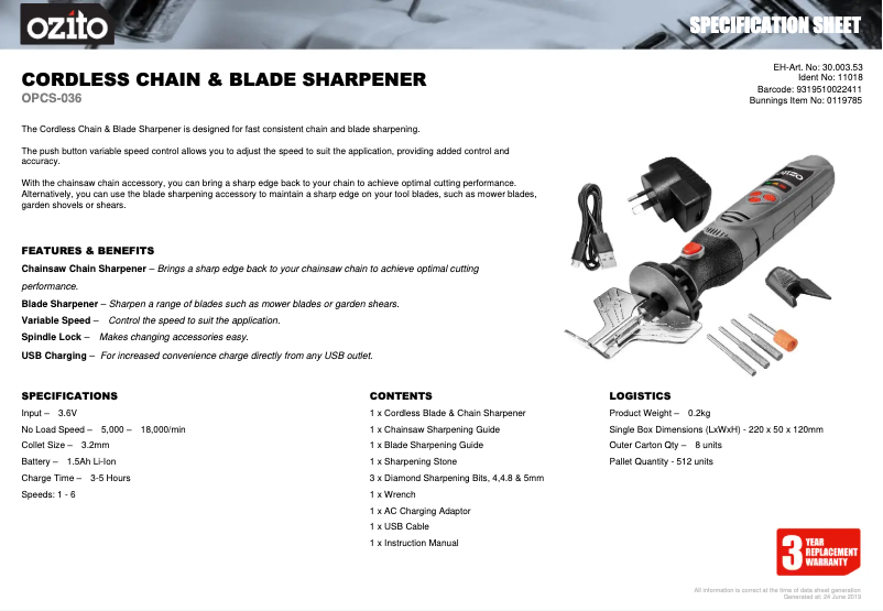 Page 1 de la notice Fiche technique Ozito OPCS-036