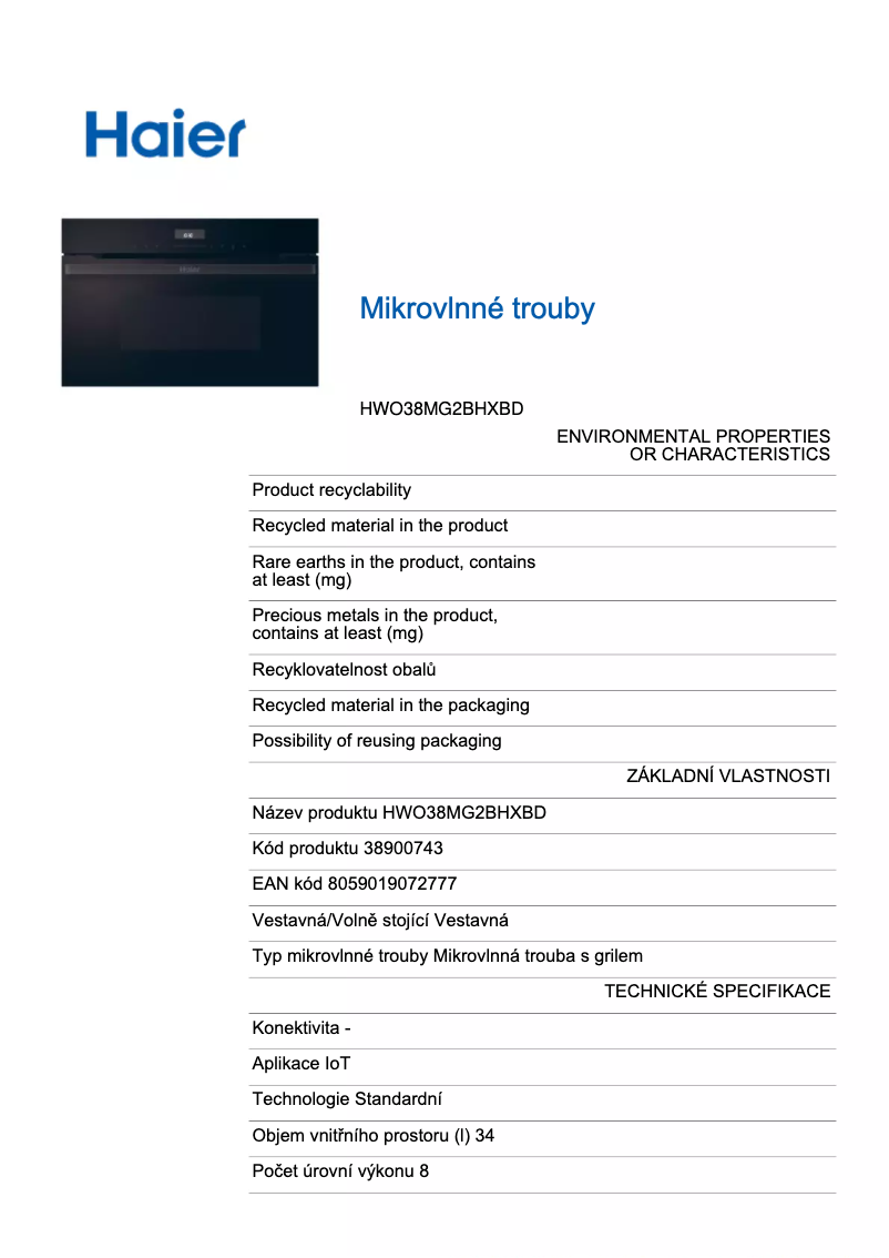 Page 1 de la notice Fiche technique Haier HWO38MG2BHXBD