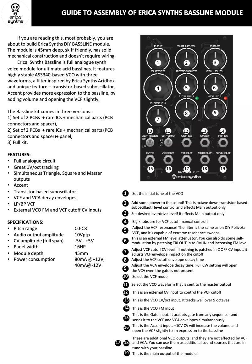Page 1 de la notice Manuel utilisateur Erica Synths Bassline