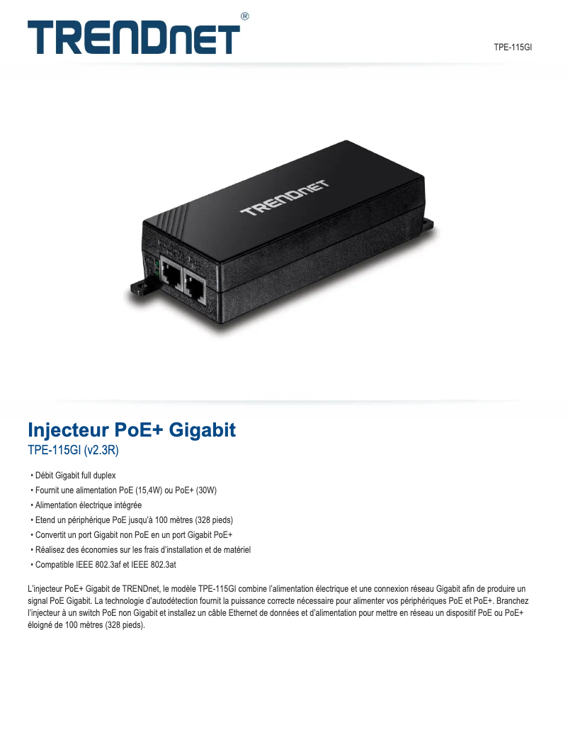 Page 1 de la notice Fiche technique TRENDnet TPE-115GI