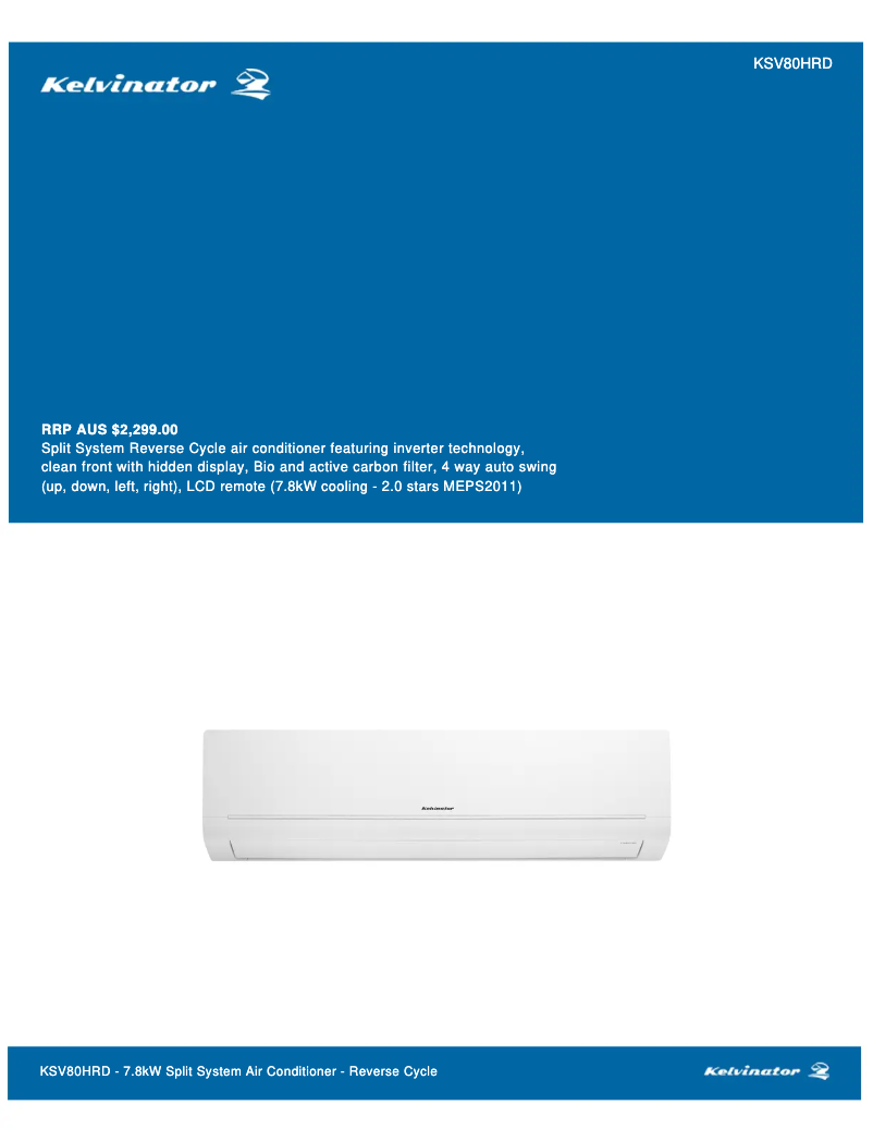 Page n°1 - Fiche technique Kelvinator KSV80HRD