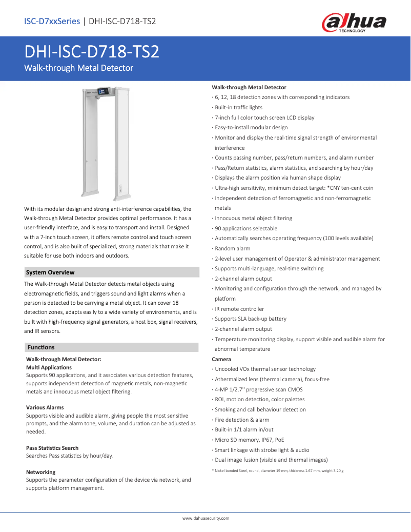 Page 1 de la notice Fiche technique Dahua Technology ISC-D718-TS2