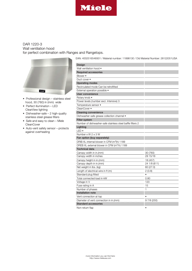 Page n°1 - Fiche technique Miele DAR 1220-3