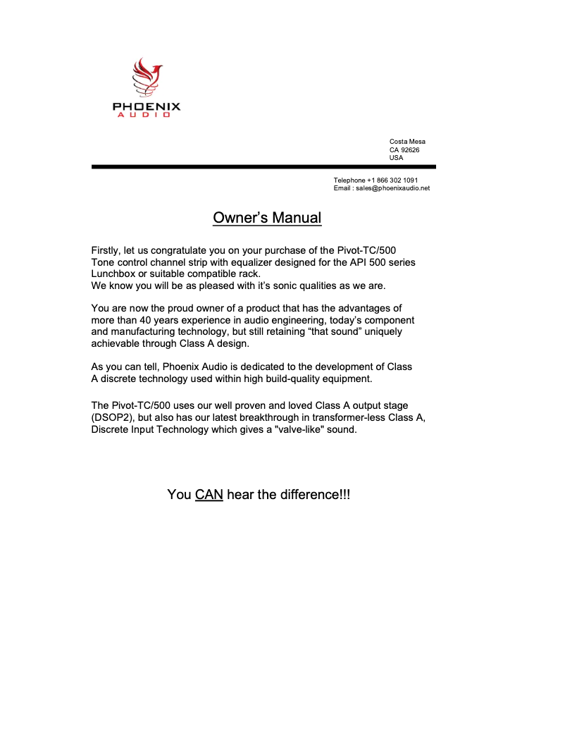 Page n°1 - Manuel utilisateur Phoenix Audio PIVOT-TC/500