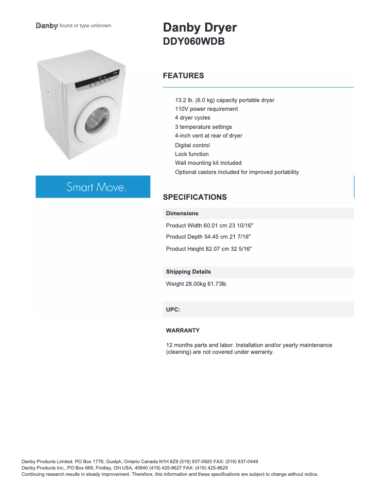 Page 1 de la notice Fiche technique Danby DDY060DB