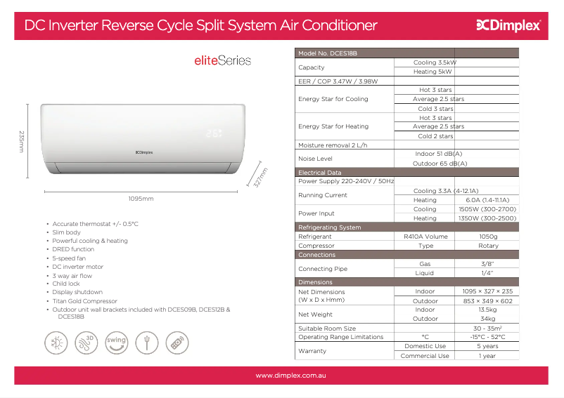 Page 1 de la notice Fiche technique Dimplex DCES18B