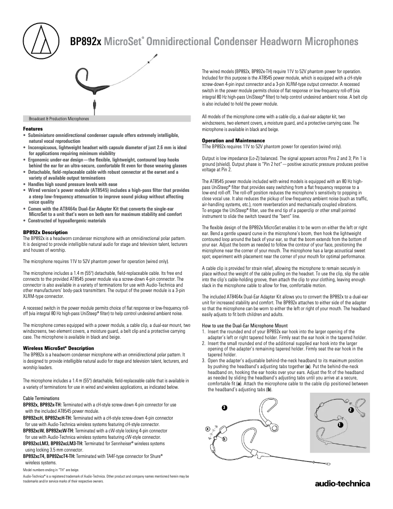 Page n°1 - Fiche technique Audio-Technica BP892x