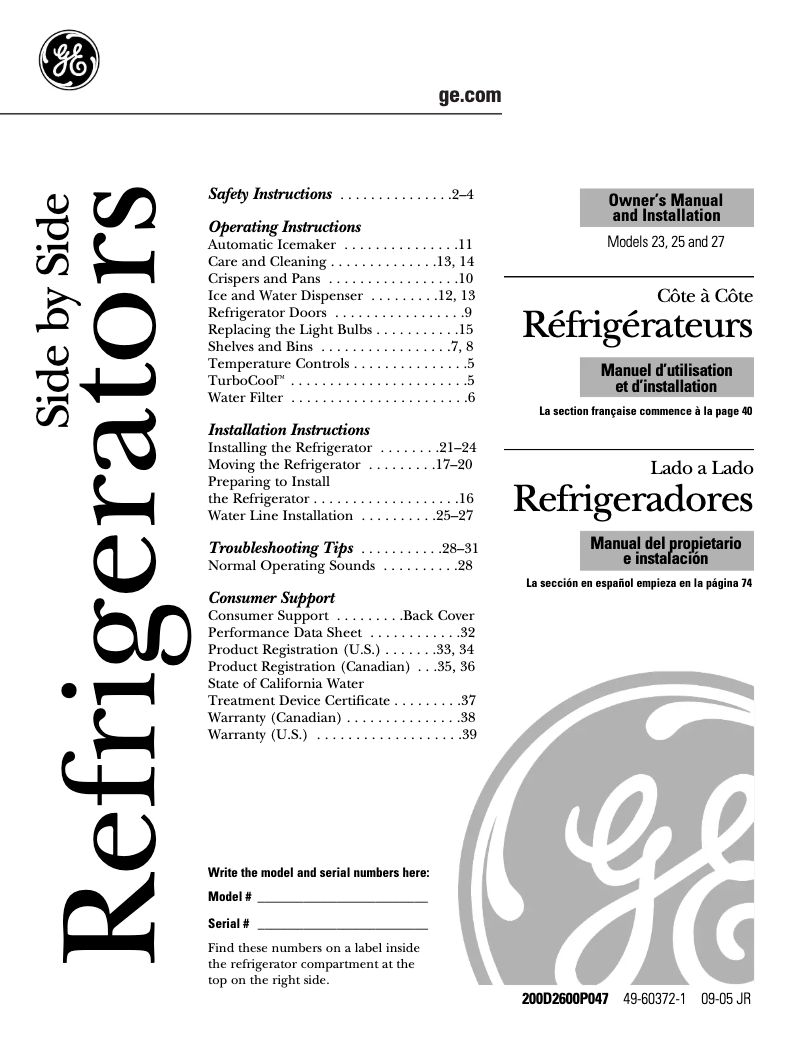 Page 1 de la notice Manuel d'utilisation et d'entretien GE GSS25LGPCC