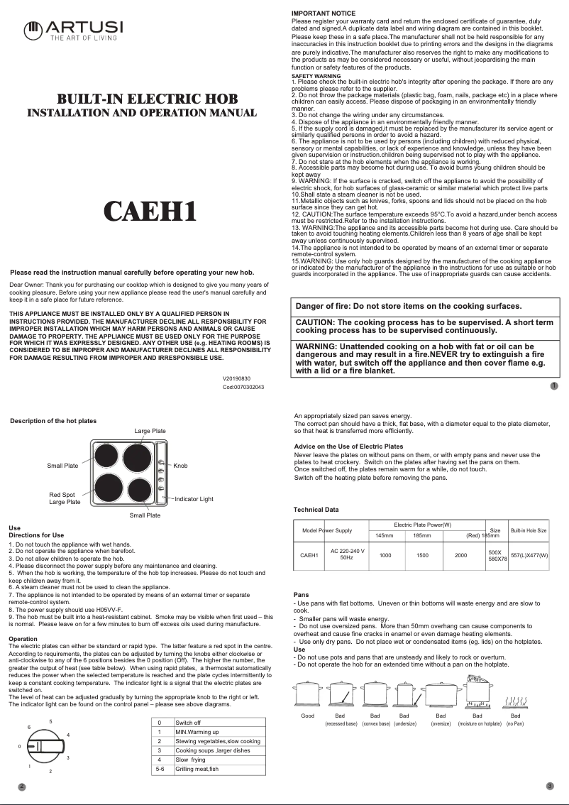 Page n°1 - Manuel utilisateur Artusi CAEH1