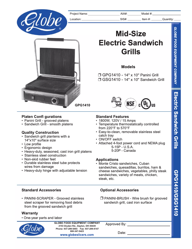 Page n°1 - Manuel d'utilisation et d'entretien Globe GSG1410