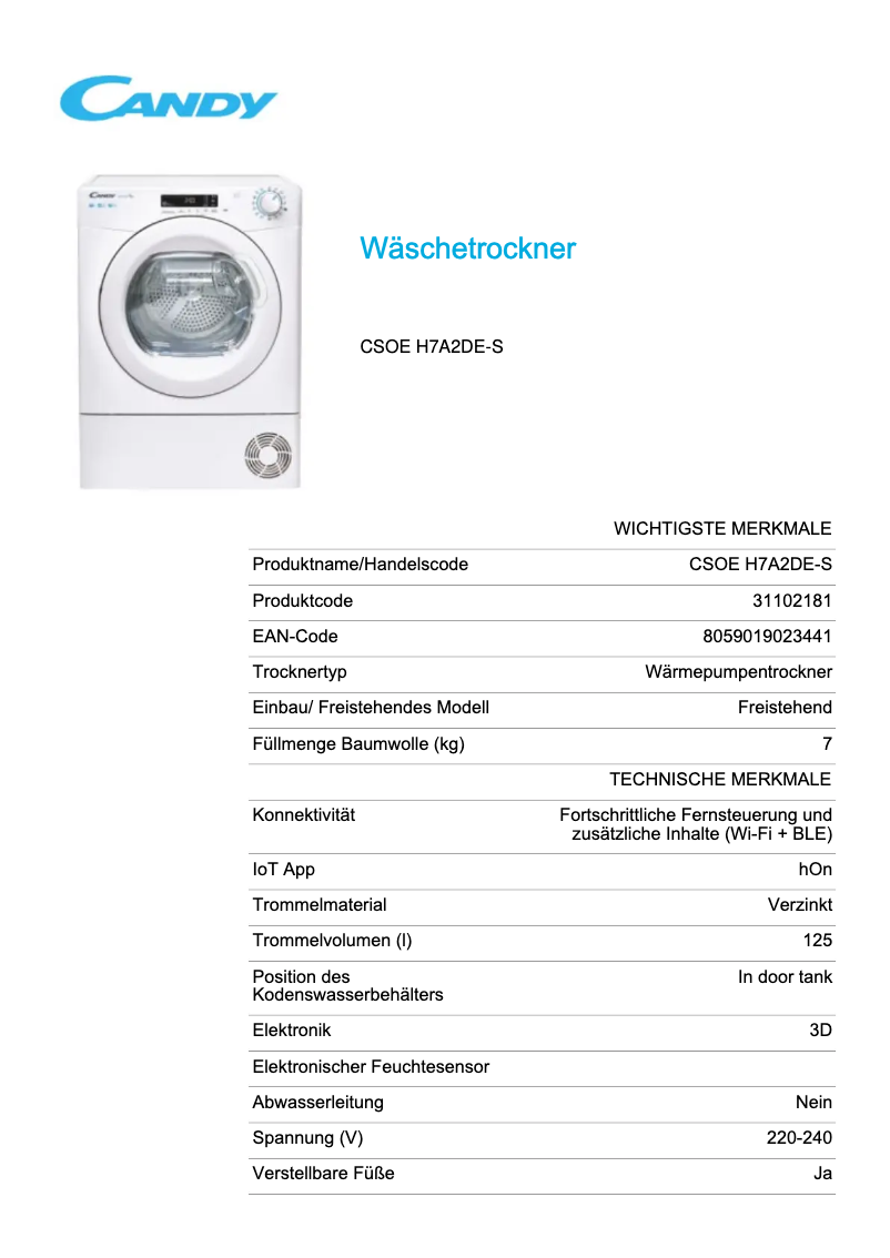 Page 1 de la notice Fiche technique Candy CSOE H7A2DE-S