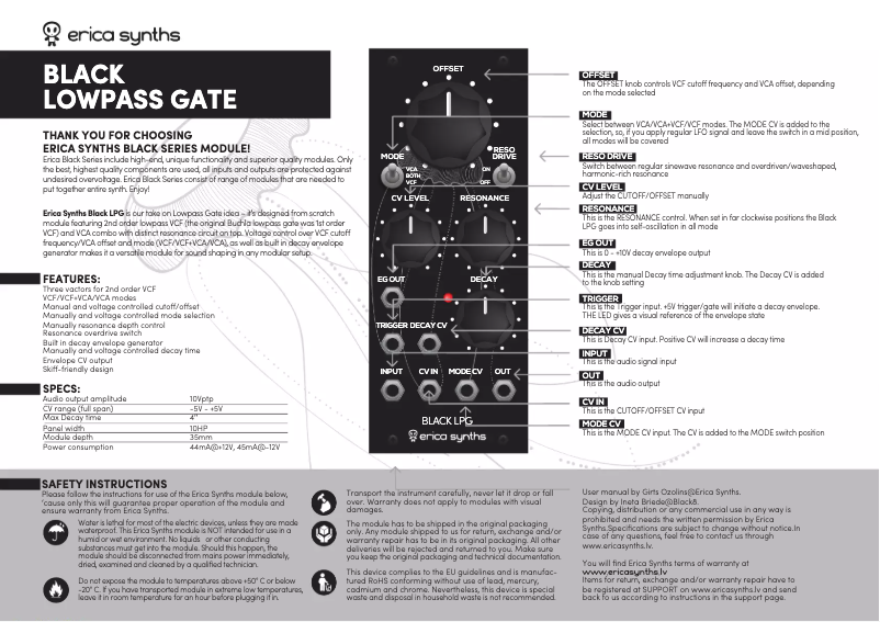 Page 1 of the manual User Manual Erica Synths Black LPG