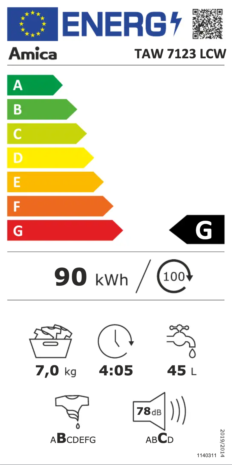 Página 1 del manual Etiqueta energética Amica TAW7123LCW