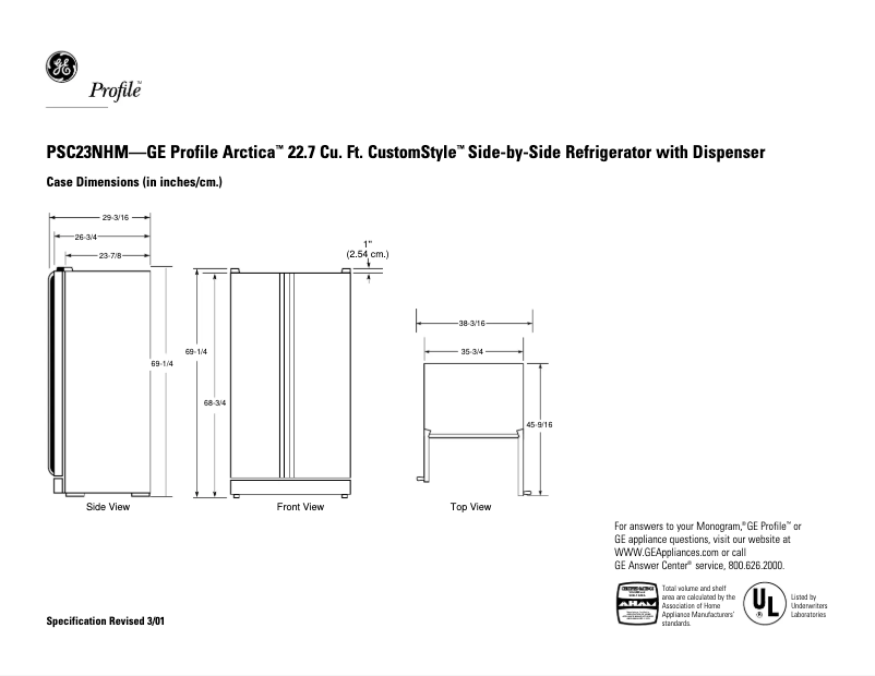 Page 1 de la notice Fiche technique GE PSC23NHMCC