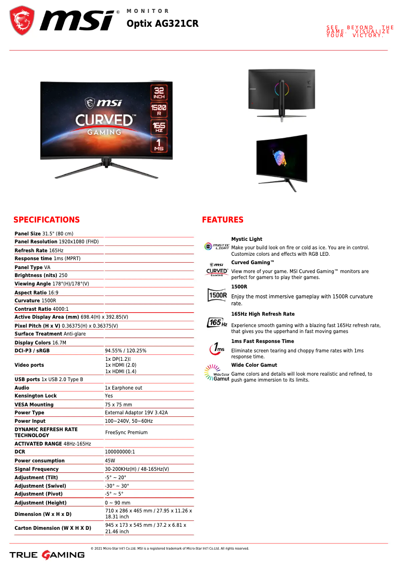 Página 1 del manual Ficha técnica MSI Optix AG321CR