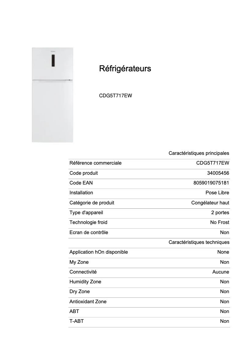 Page n°1 - Fiche technique Candy CDG5T717EW