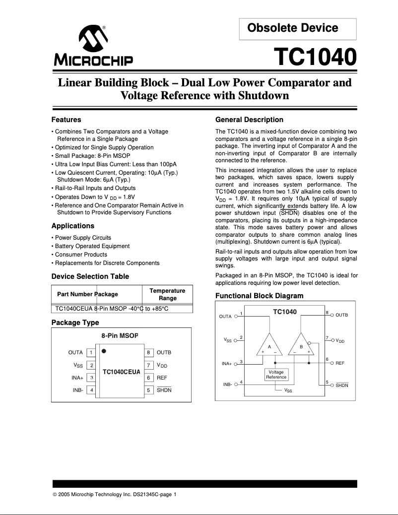 Página 1 del manual Ficha técnica Microchip TC1040