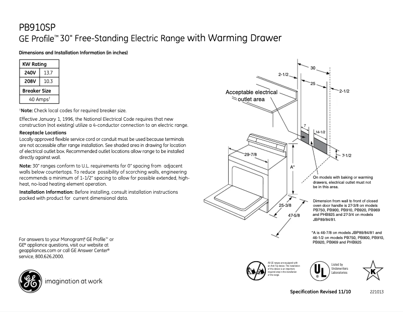 Page n°1 - Fiche technique GE Profile PB910SPSS