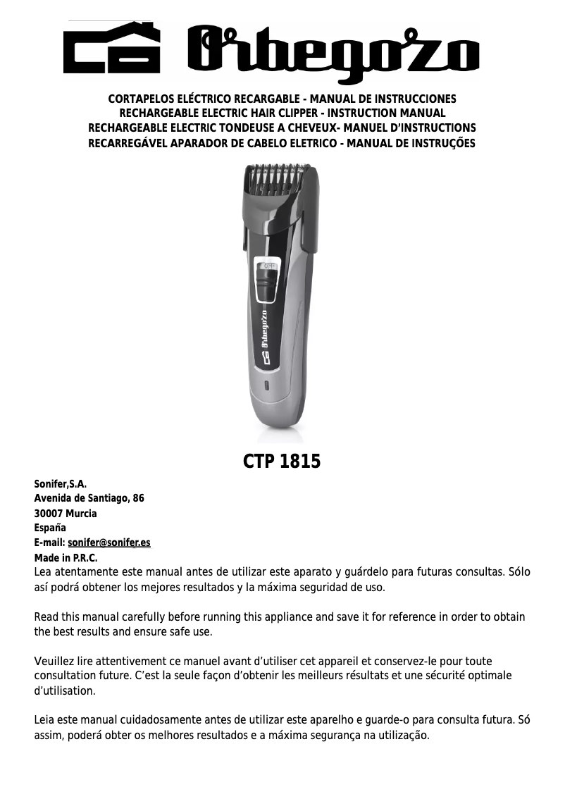 Page 1 of the manual User Manual Orbegozo CTP 1815