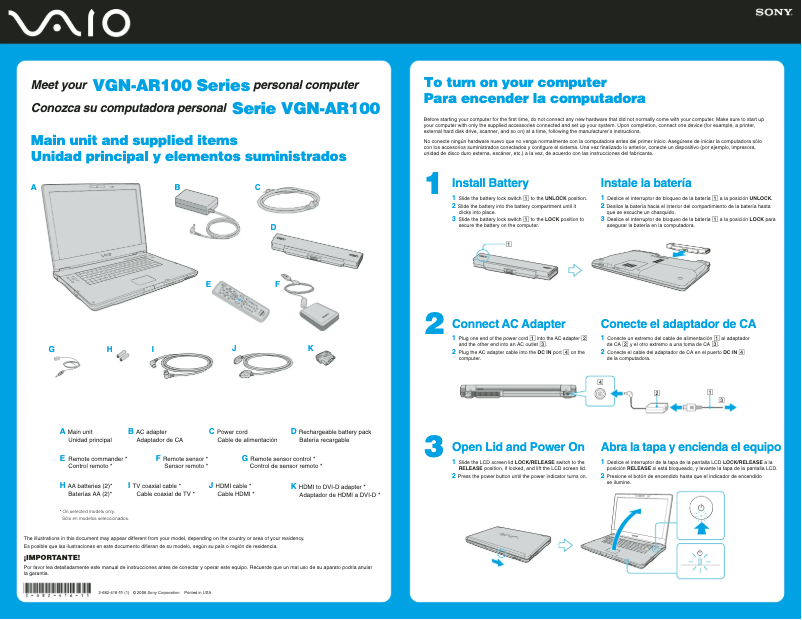 Page n°1 - Guide d'installation Sony Vaio VGN-AR130G