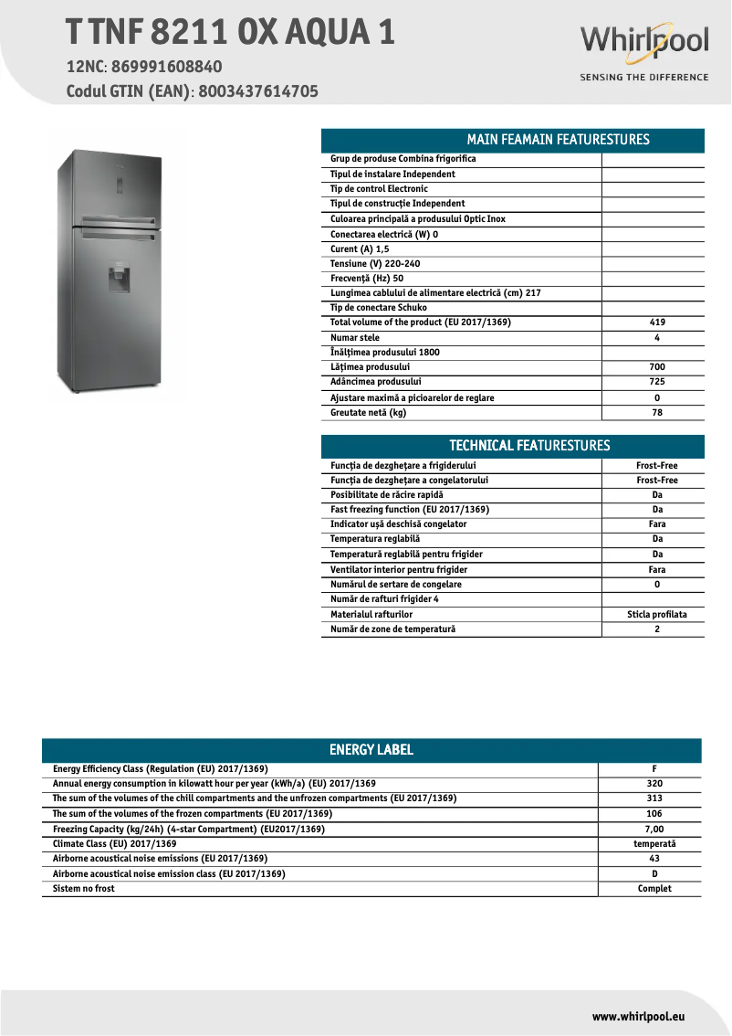 Página 1 del manual Ficha técnica Whirlpool T TNF 8211 OX AQUA 1