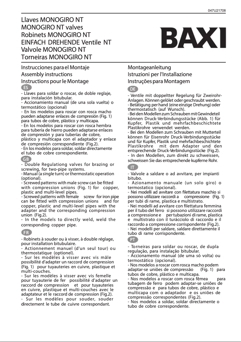 Page 1 de la notice Manuel utilisateur Baxi Monogiro NT