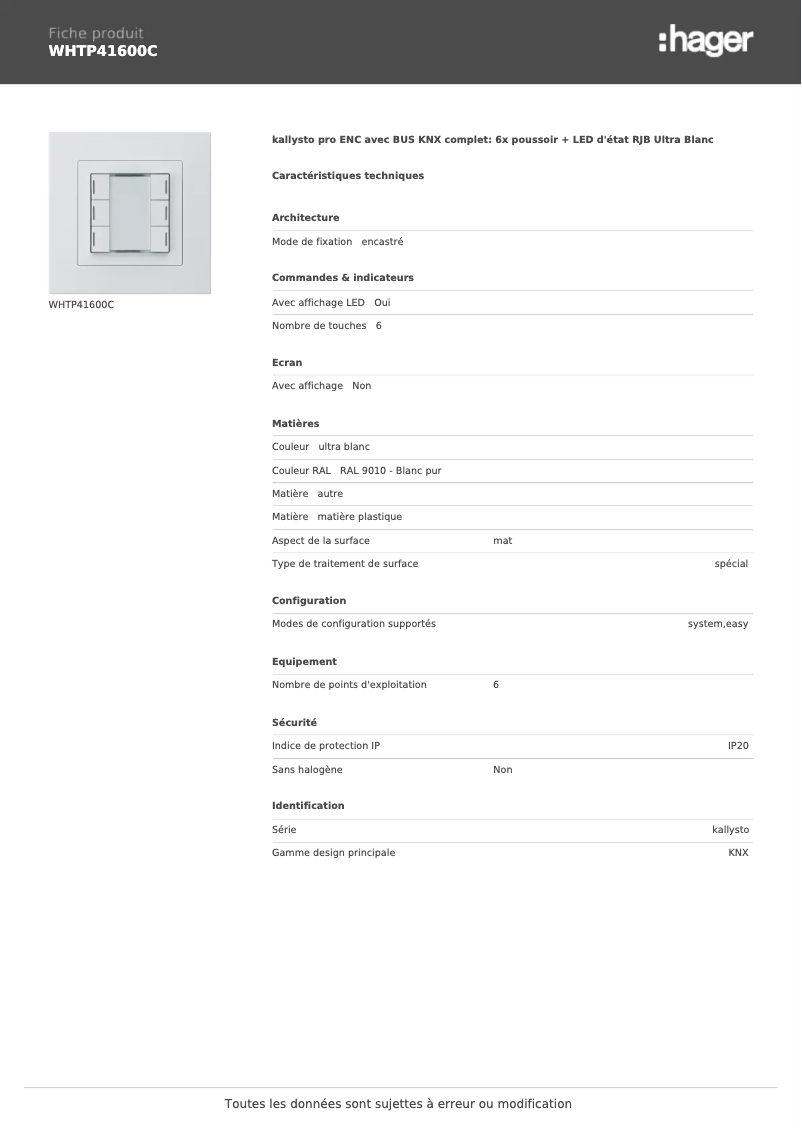 Page 1 de la notice Fiche technique Hager WHTP41600C