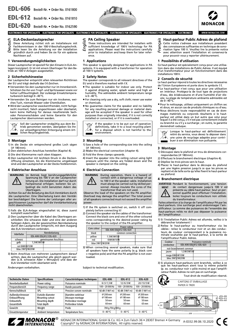 Page 1 de la notice Manuel utilisateur Monacor EDL-612