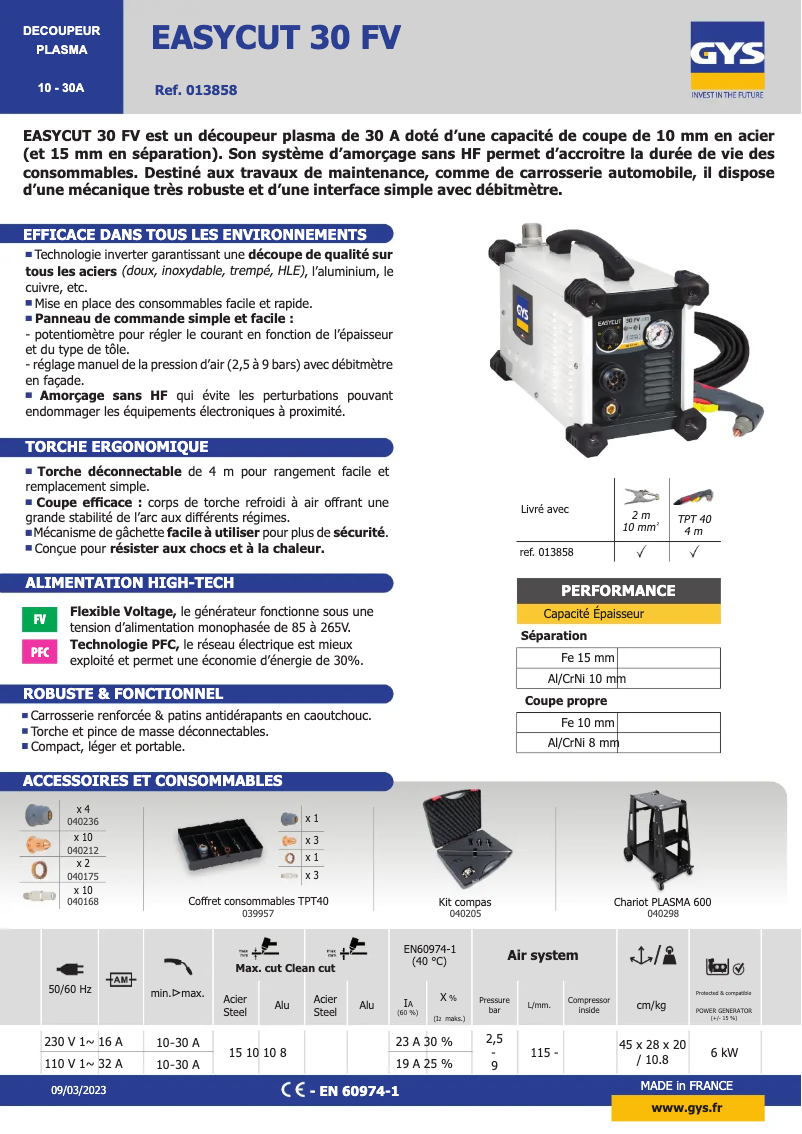 Page n°1 - Fiche technique GYS Easycut 30 FV