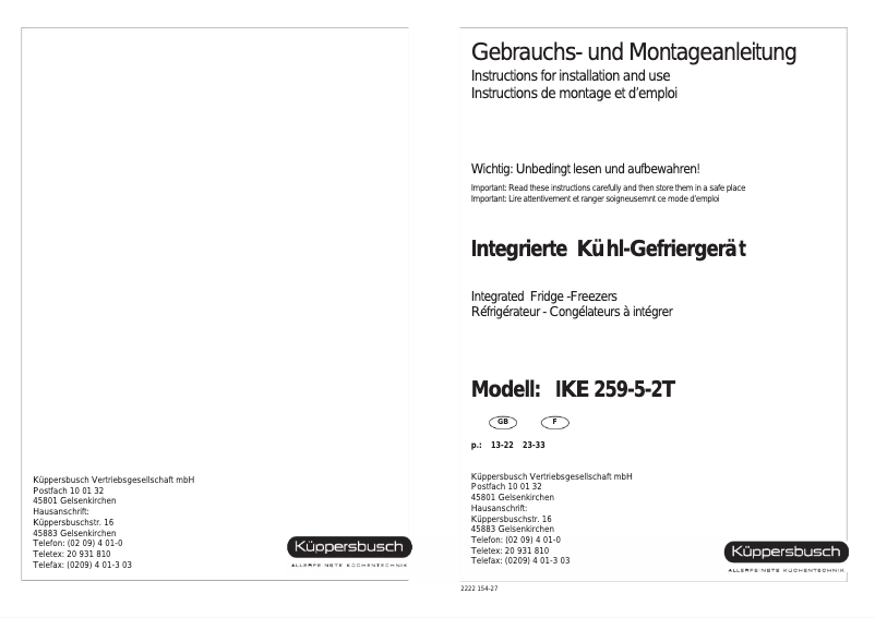 Page 1 de la notice Manuel utilisateur Küppersbusch IKE 259-5-2T