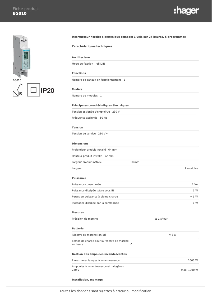 Page 1 de la notice Fiche technique Hager EG010