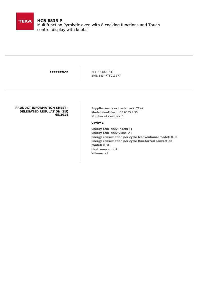 Página 1 del manual Ficha técnica Teka HCB 6535 P