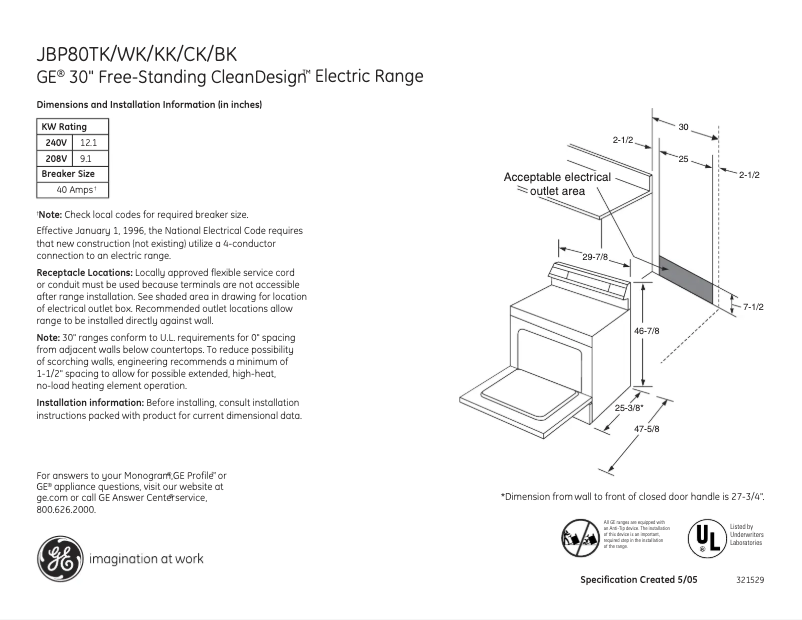 Page n°1 - Fiche technique GE JBP80KKCC