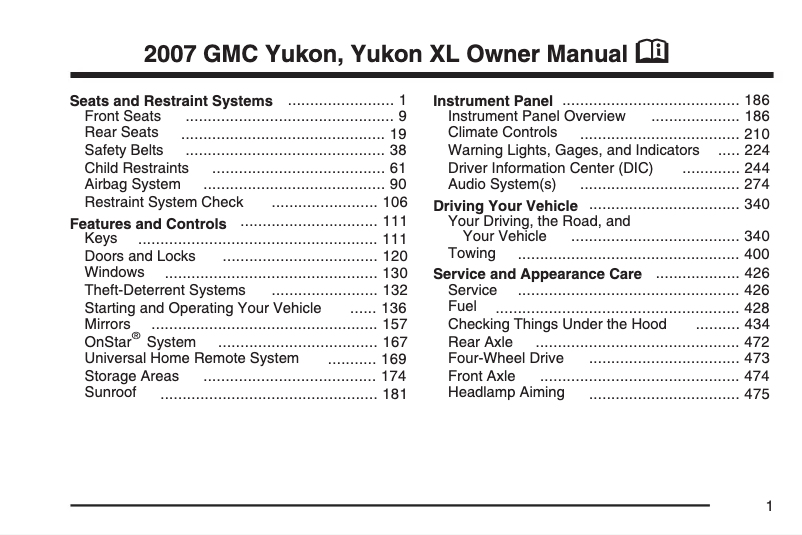Page 1 de la notice Manuel utilisateur GMC Yukon (2001)