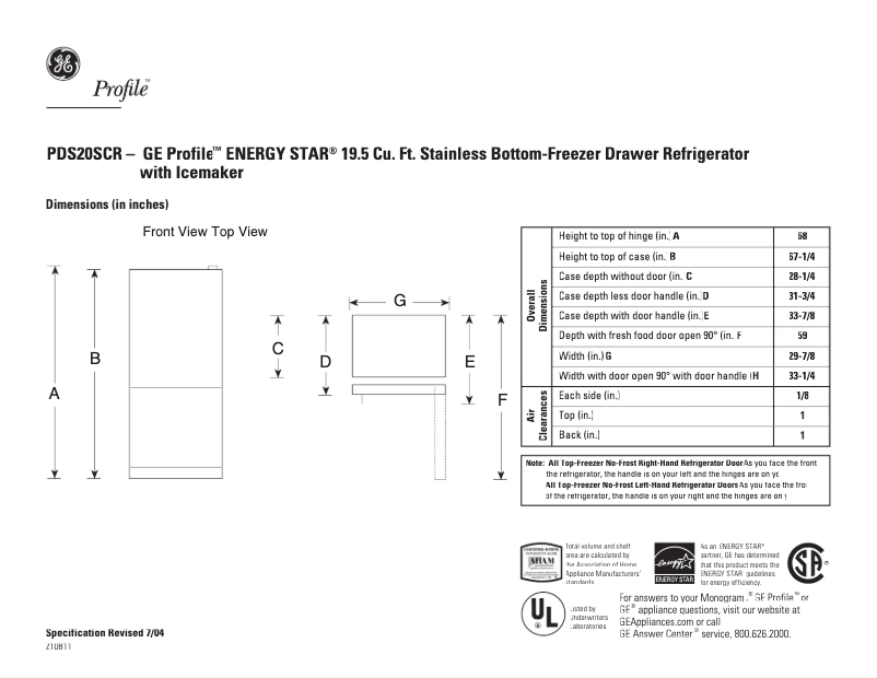 Page n°1 - Fiche technique GE Profile PDS20SCRRSS