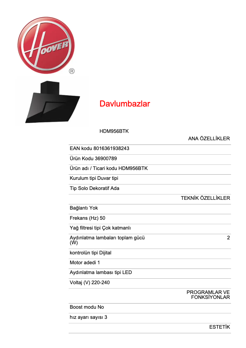 Page 1 de la notice Fiche technique Hoover HDM956BTK