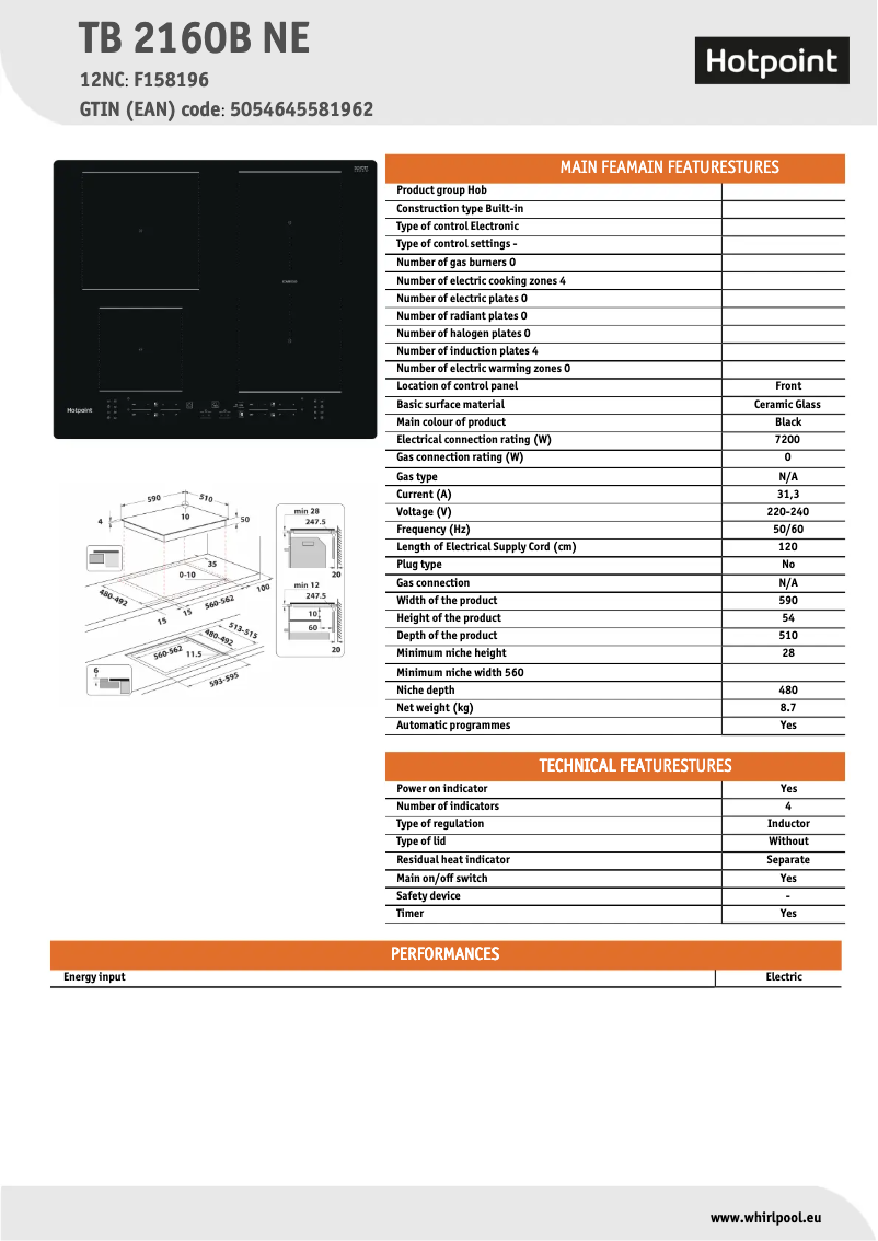 Page 1 de la notice Fiche technique Hotpoint TB 2160B NE