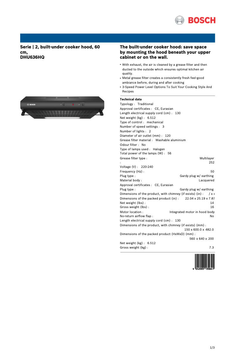 Page 1 de la notice Fiche technique Bosch DHU636HQ