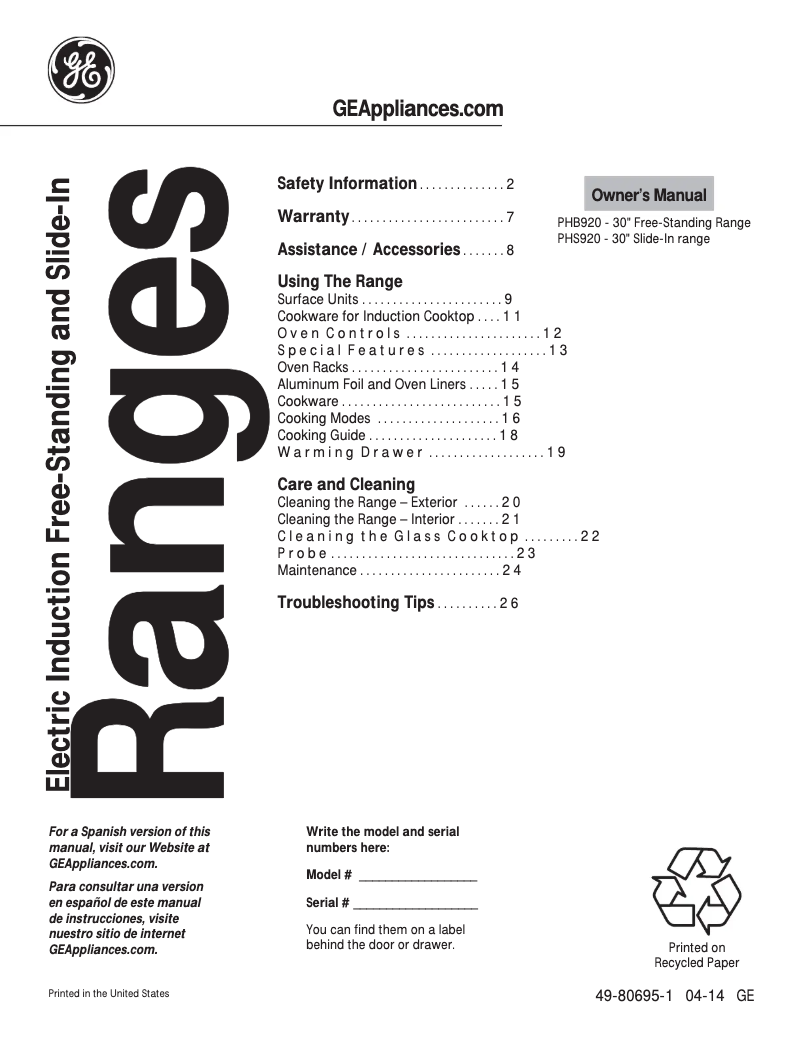 Page 1 de la notice Mode d'emploi GE Profile PHB920SFSS