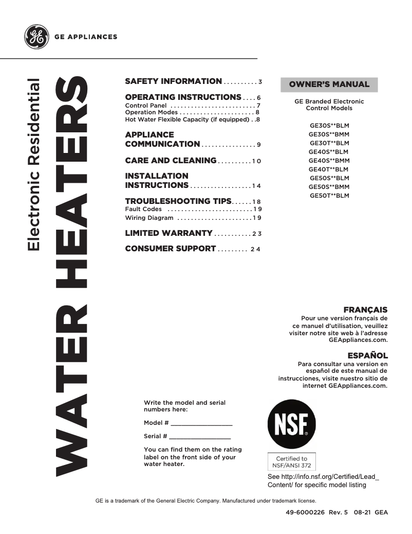 Página 1 del manual Manual de uso y mantenimiento GE GE40S10BLM