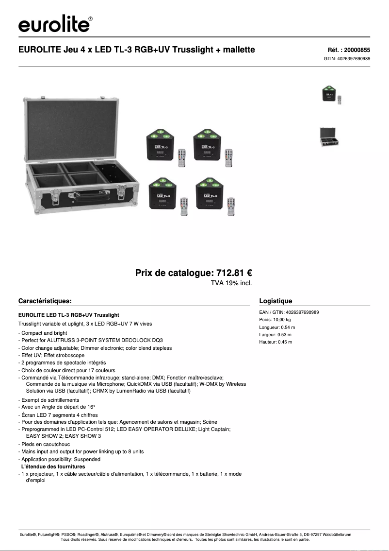Page 1 de la notice Fiche technique Eurolite LED TL-3