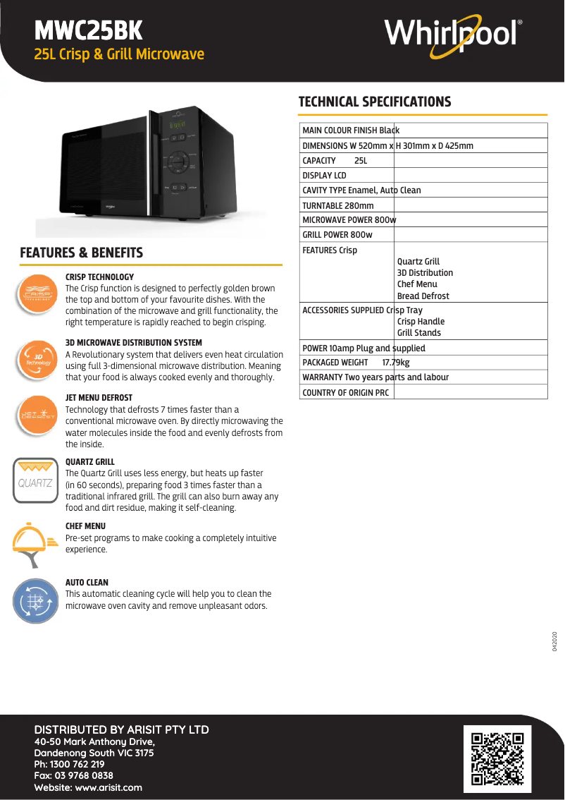 Page 1 de la notice Fiche technique Whirlpool MWC25BK