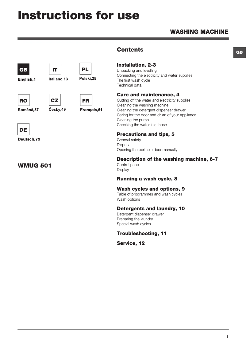 Image de la première page du manuel de l'appareil WMUG 501 EU